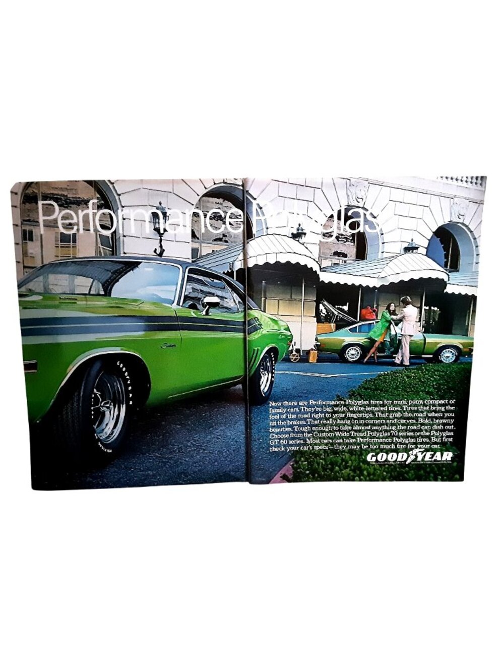 1971 Goodyear Performance Polyglas Tires Dodge Challenger Vega 2-Page Ad